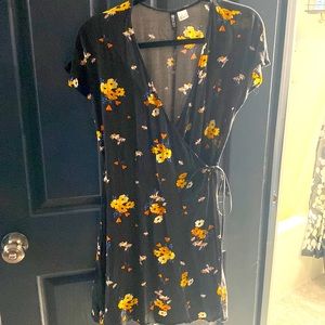 Fall floral wrap dress.